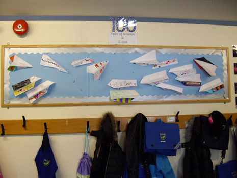 The Year 3 pupils who made the collage have also created a display outside their classroom using paper aeroplanes.
