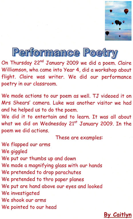Year 4 took part in some BAC 100 workshops in the spring term last year. Here are some of their pictures and written work with a poem the class created.