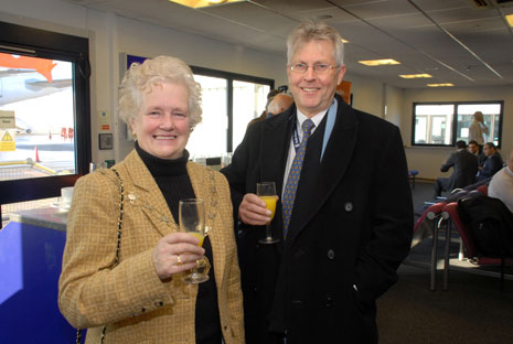 Councillor Shirley Holloway, Chair of South Gloucestershire Council with Roger James, Community Relations Manager, Rolls-Royce waiting for the flight to depart (BIA).
