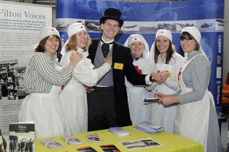 Jan Lane (Airbus), Doreen Wildenauer (CIMPA UK), Alec Dent  (Airbus), Julie Showering (Airbus), Meryl Tobin (Airbus) and Hayley  Christopher-Lee (Airbus) in period costume, helping to raise funds for the  Air Ambulance service (Airbus/Martin Chainey).