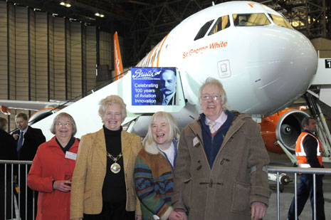 Councillor Shirley Holloway, Chair of South Gloucestershire Council  with Jane Tozer, Jackie Sims and Stan Sims of Filton Community History who are key members of the BAC 100 planning group (Airbus/Martin Chainey).
