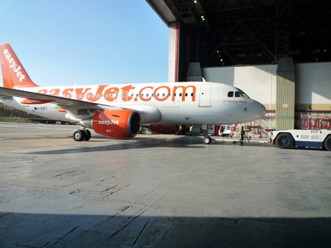 The easyJet A319 aeroplane arrives at the Brabazon Hangar at Airbus' Filton site (Vicky Washington).