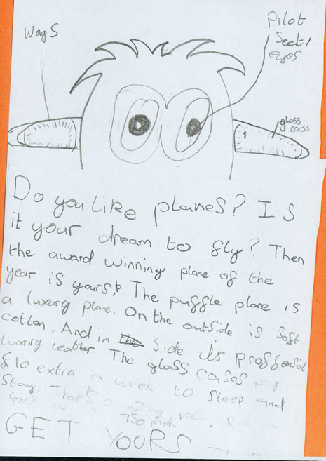 Year 5 had a creative writing workshop with Claire Williamson in June. They created information posters advertising the aircraft they had invented.