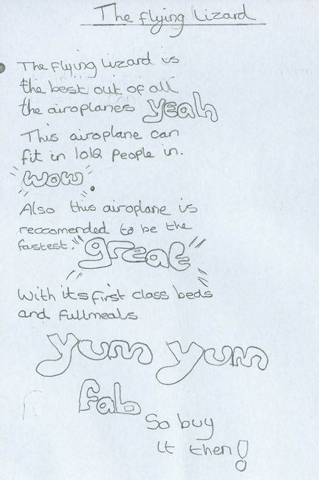 Year 5 had a creative writing workshop with Claire Williamson in June. They created information posters advertising the aircraft they had invented.